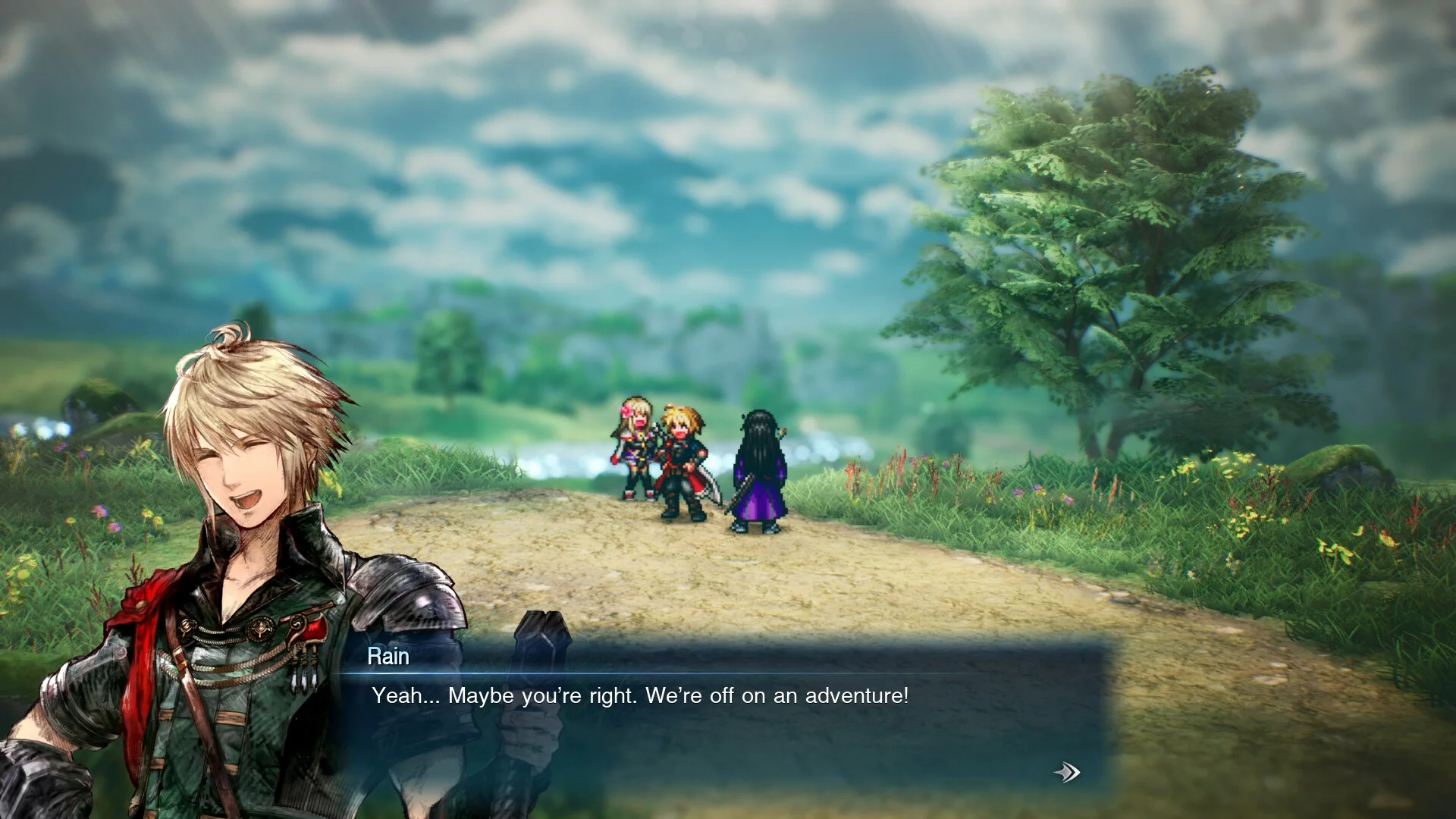 Rain, a blond knight in a dark coat, smiles in a dialogue portrait and says they are off on an adventure, while his party walks a grassy path in pixel art behind him