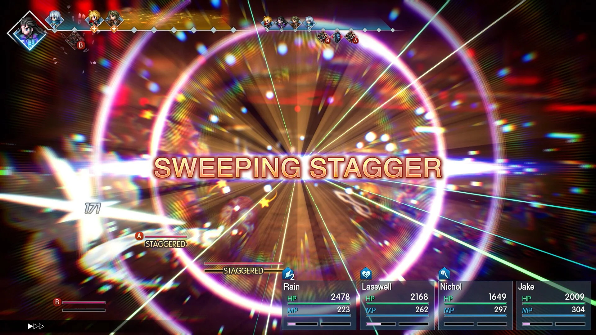 A burst of light fills the battle screen with the words Sweeping Stagger as the party breaks an enemy's defenses