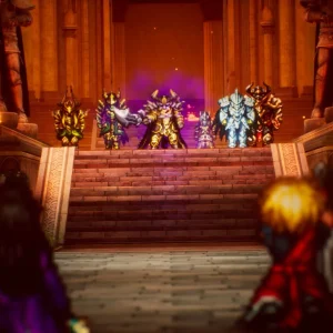 Two heroes face a group of armored figures at the top of a staircase in a torch-lit throne room