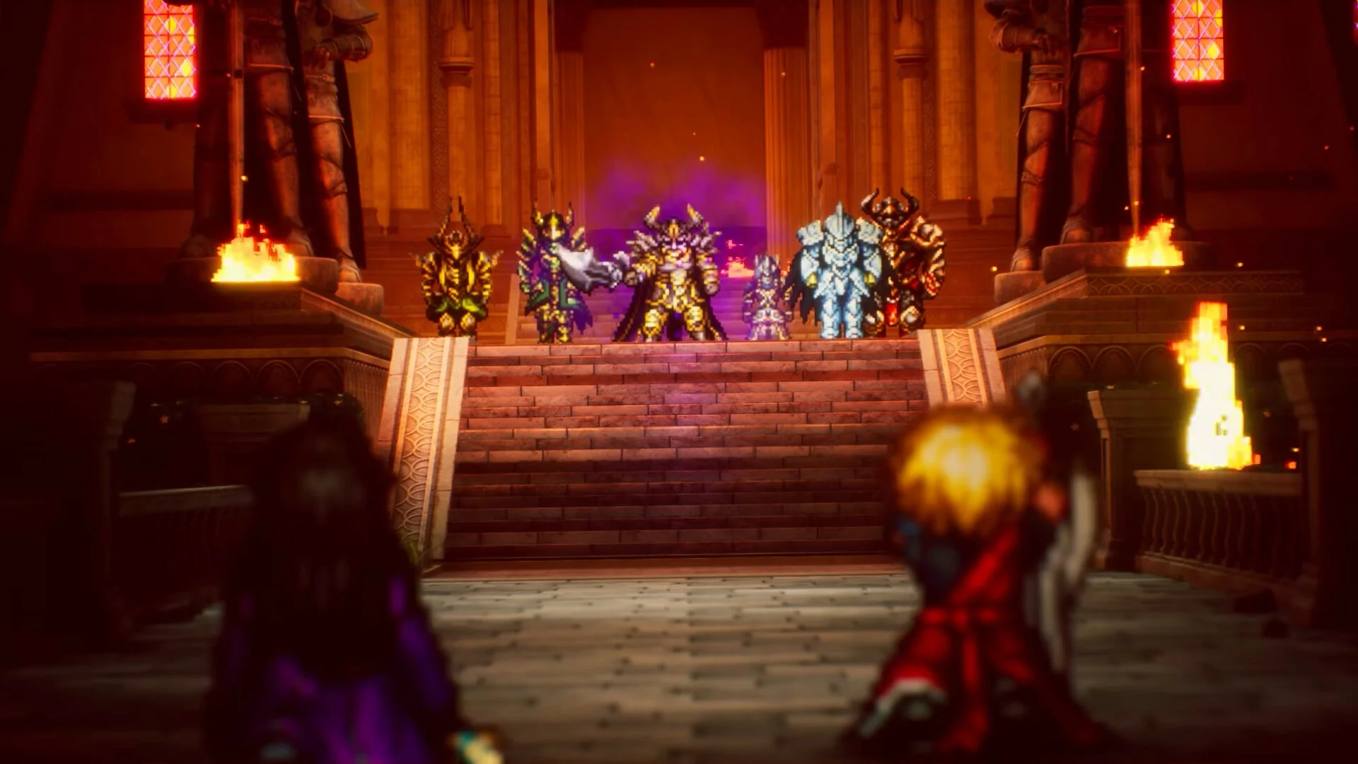Two heroes face a group of armored figures at the top of a staircase in a torch-lit throne room