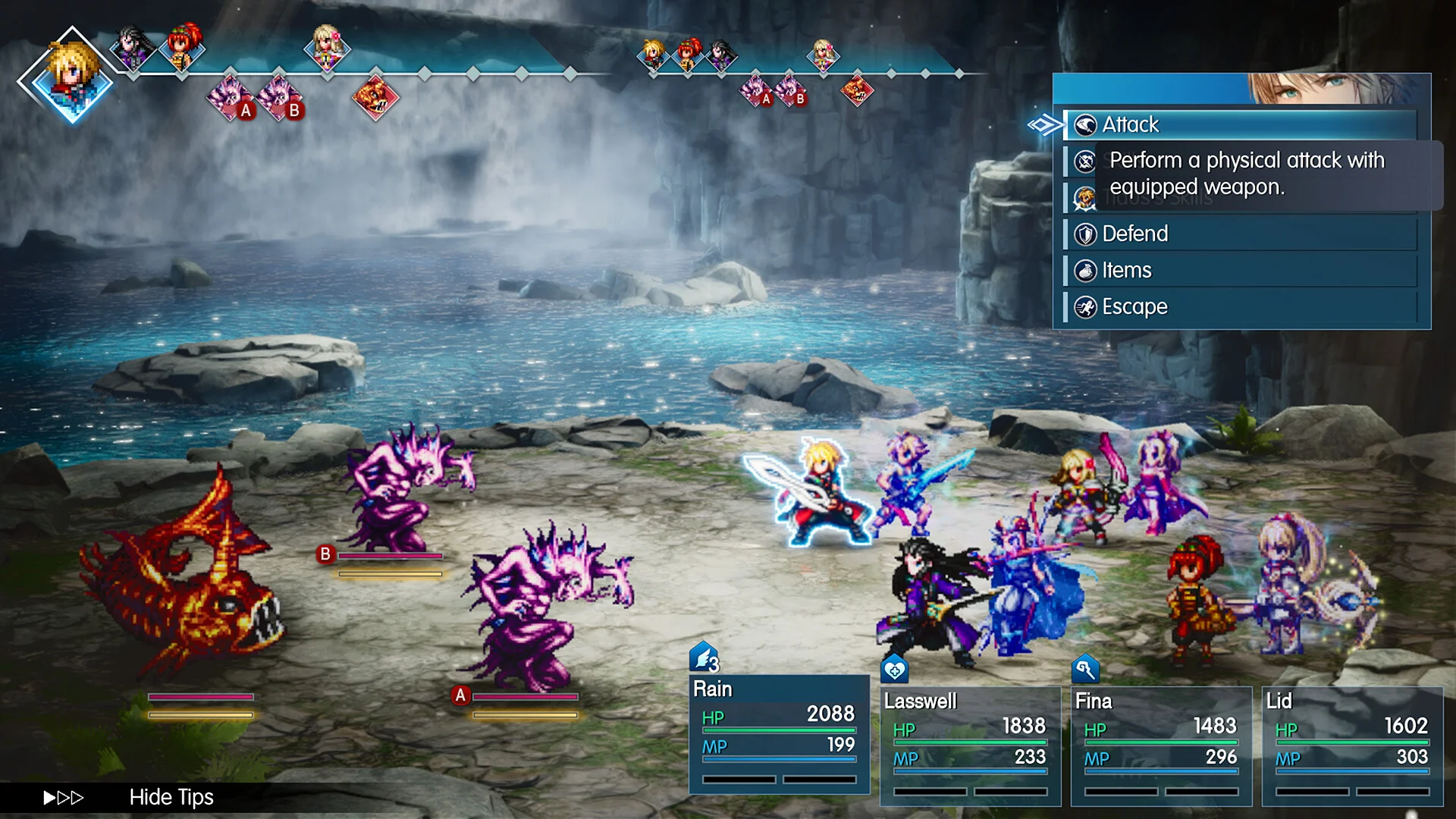 A turn-based battle by a waterfall: the party of Rain, Lasswell, Fina and Lid faces purple crystal monsters, with a turn order bar at the top and an Attack, Defend, Items and Escape menu