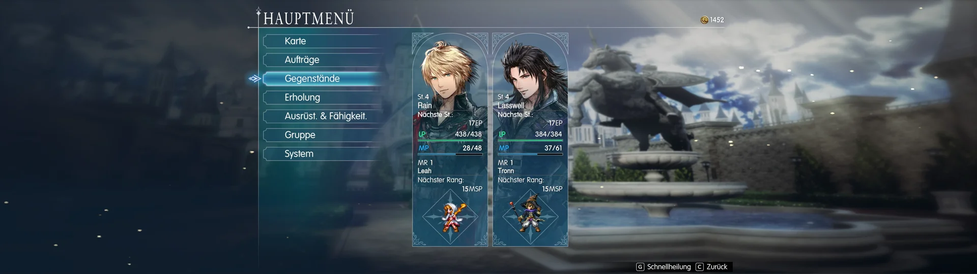 The game menu stretched across a 32:9 super ultrawide screen, with the castle grounds visible on both sides