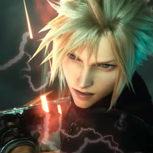 A cinematic close-up of a spiky blond-haired swordsman with red sparks flying around him