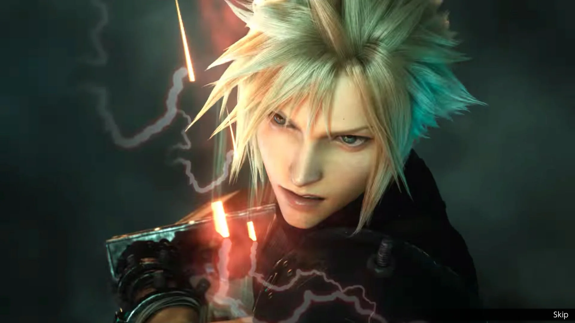 A cinematic close-up of a spiky blond-haired swordsman with red sparks flying around him