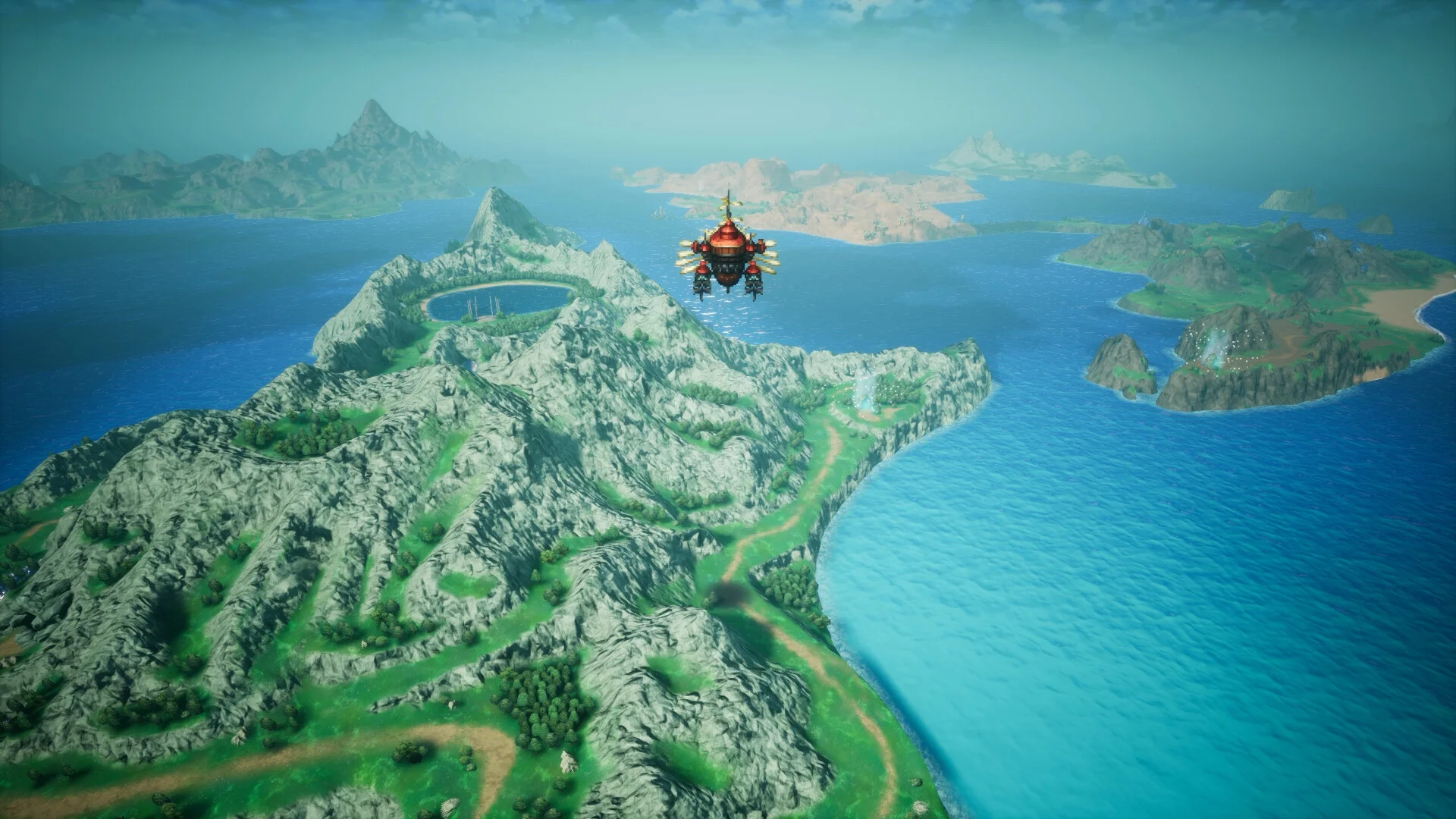 An airship flies over a green mountain island surrounded by blue sea on the 3D world map
