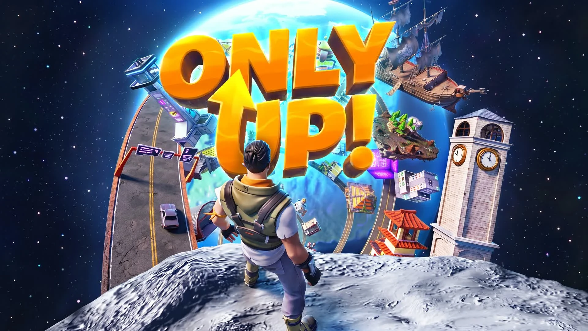 A Fortnite character stands on the moon looking at a floating path of roads, ships and a clock tower that climbs into space, with the Only Up logo