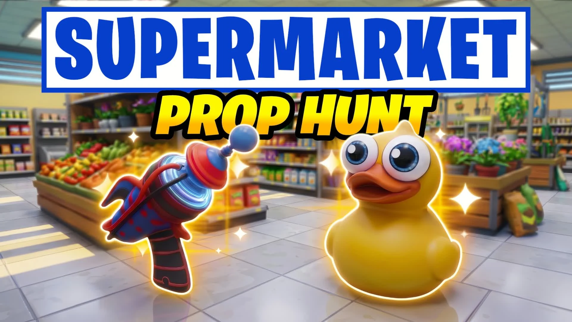 A rubber duck and a toy blaster in a supermarket aisle full of fruit and shelves, with the Supermarket Prop Hunt logo