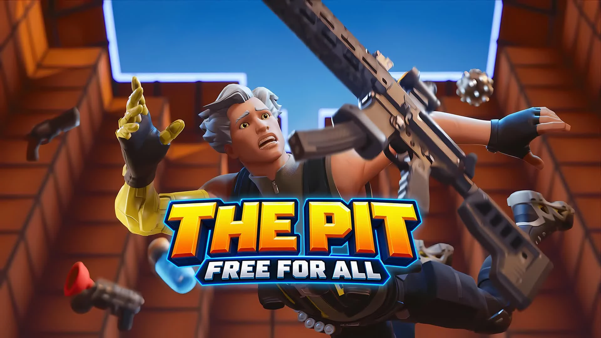 A Fortnite character falls into a brick pit surrounded by floating guns, with The Pit Free For All logo