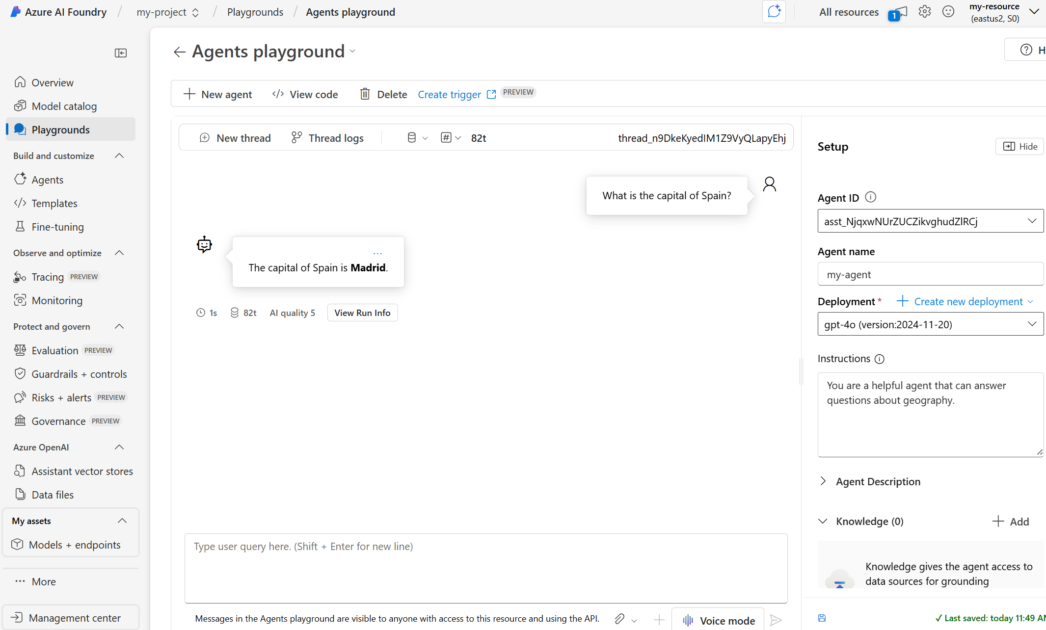 Foundry portal agents playground with a test chat on the left and agent setup fields for name, model deployment and instructions on the right
