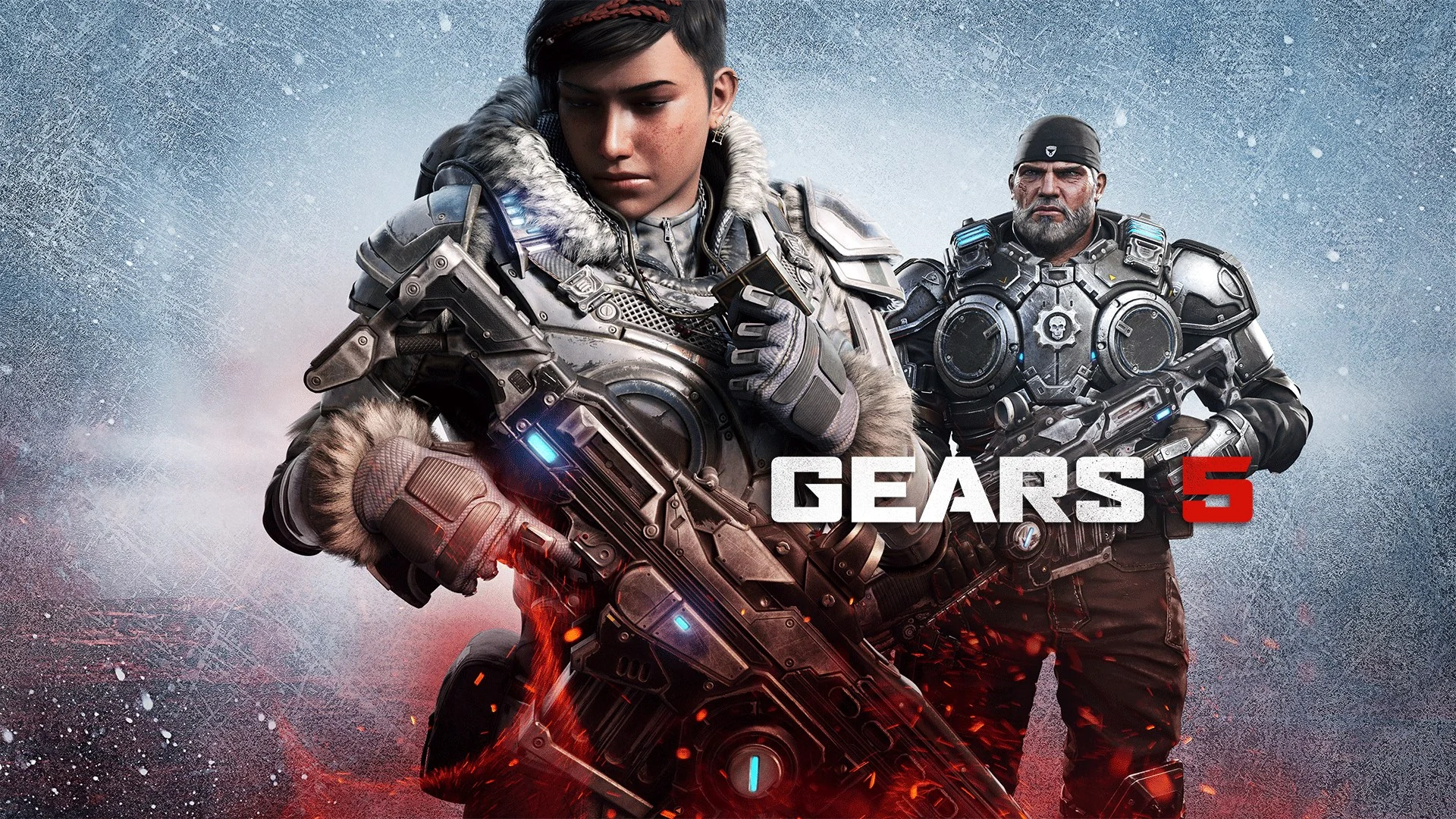 Kait Diaz holds a Lancer rifle in a snowstorm with Marcus Fenix behind her, beside the Gears 5 logo