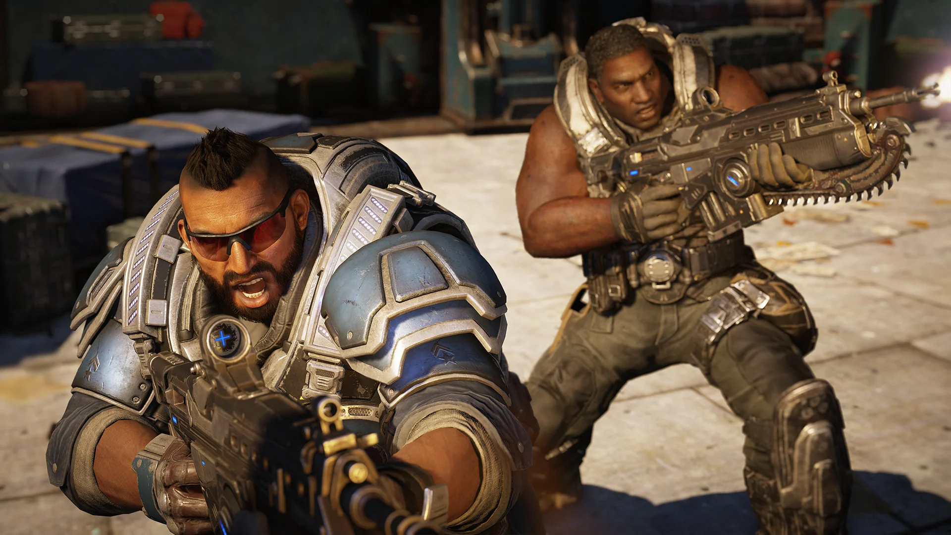 Two COG soldiers crouch behind cover and fire their weapons in daylight