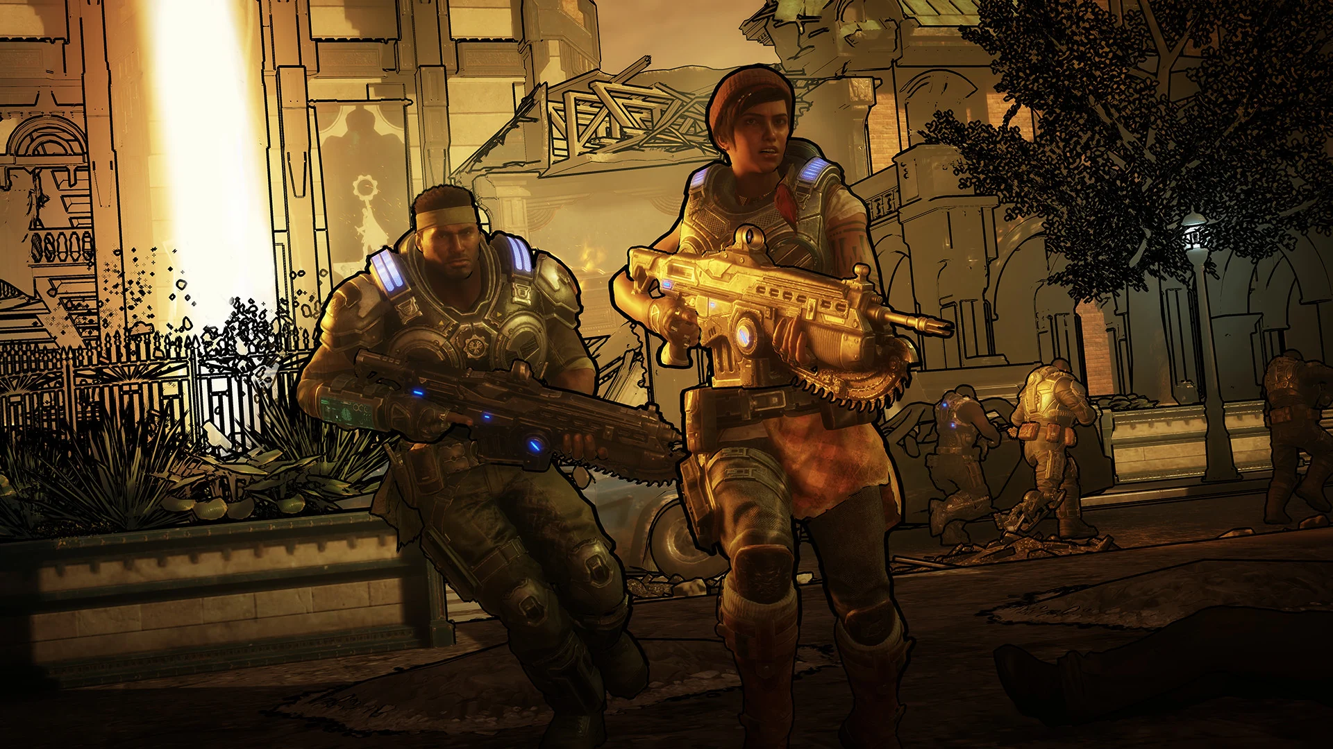 Kait and Del fire Lancer rifles while moving through a ruined desert town