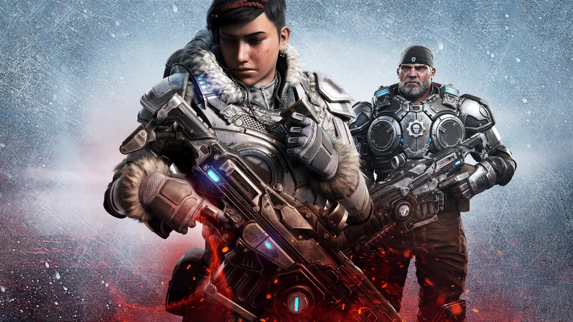 Kait Diaz in a fur-lined COG jacket grips a Lancer in a snowstorm while Marcus Fenix stands behind her