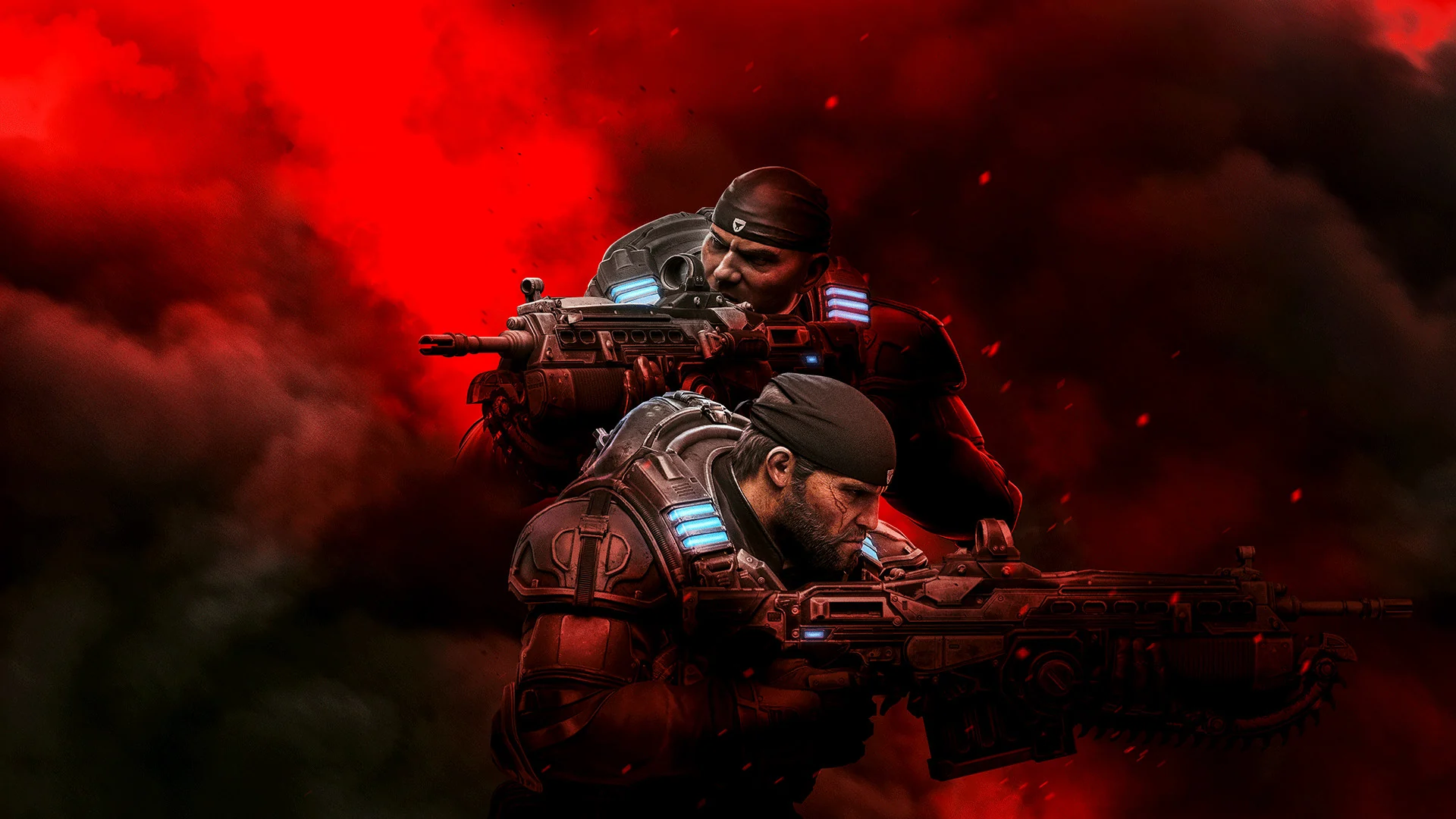 Marcus Fenix and Del Walker aim their rifles side by side under a blood-red sky