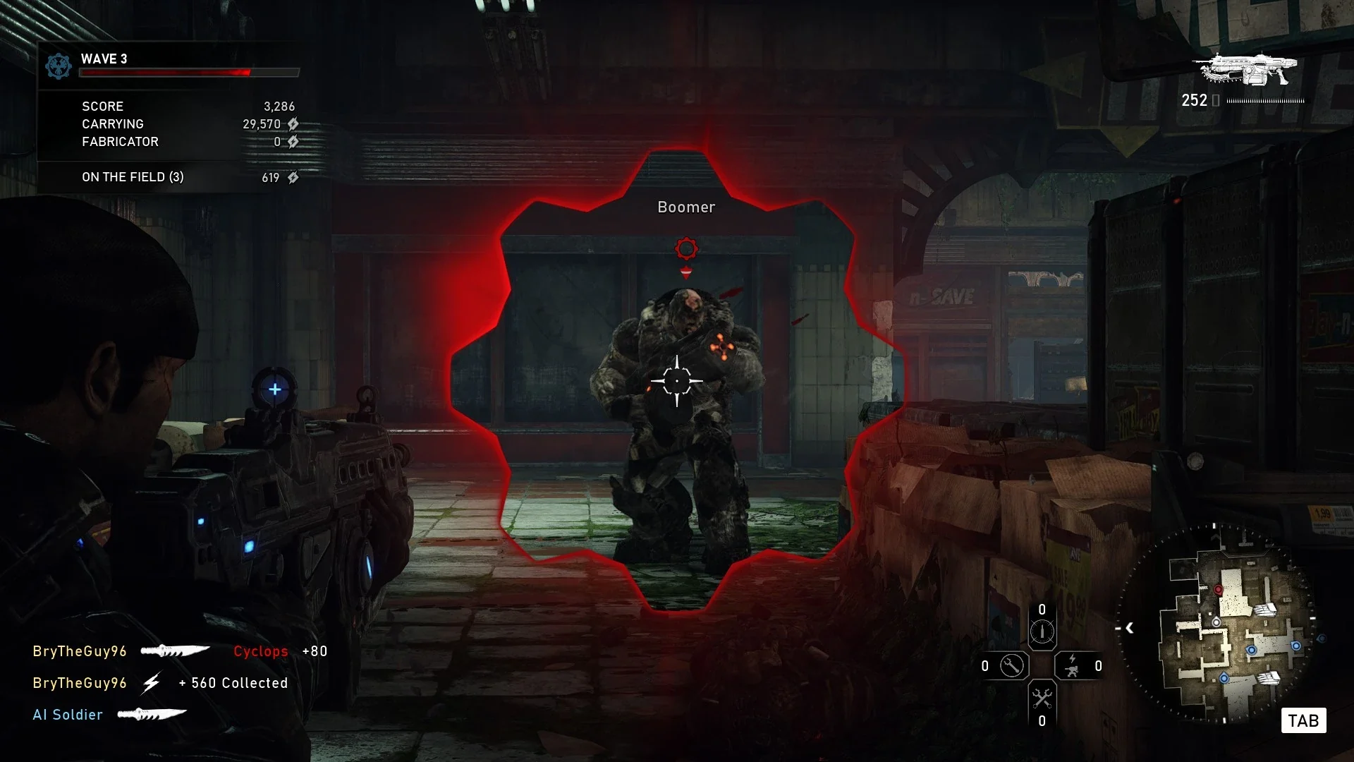 Horde mode gameplay with a soldier aiming at a Locust Boomer inside a red damage ring, with the wave score in the corner