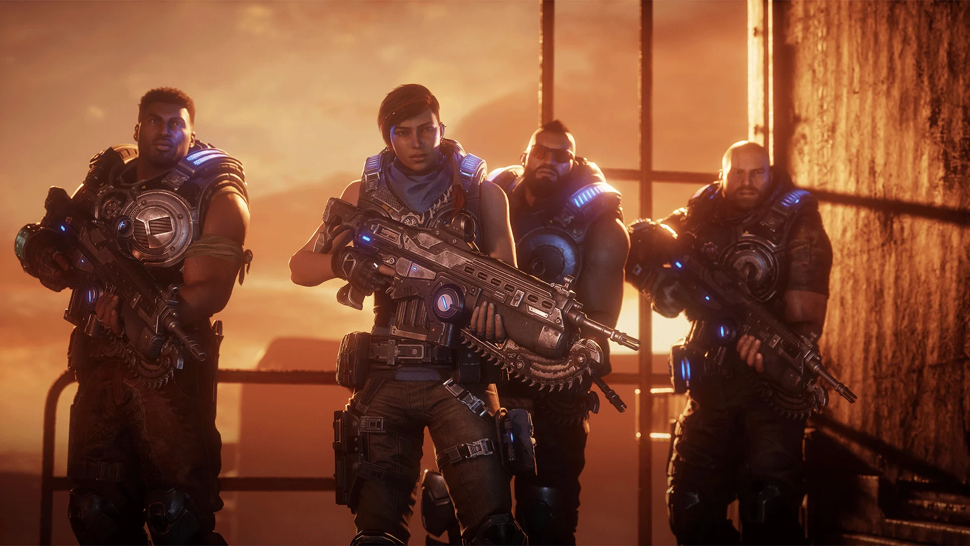 Four COG soldiers stand in a line holding Lancer rifles against an orange sunset
