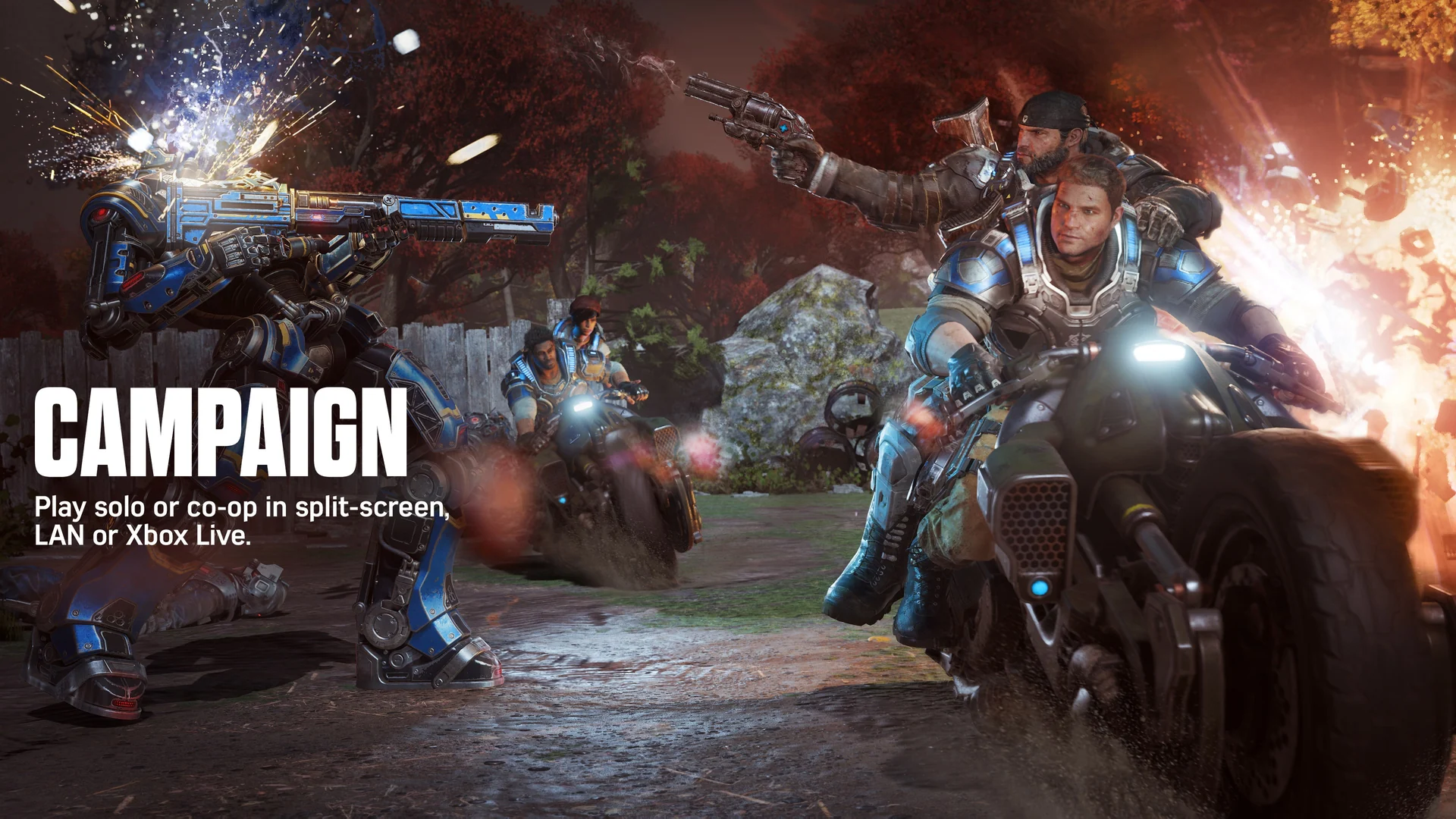 JD and his friends ride motorbikes through an explosion while robots fire at them, with the word Campaign and a note about split-screen co-op