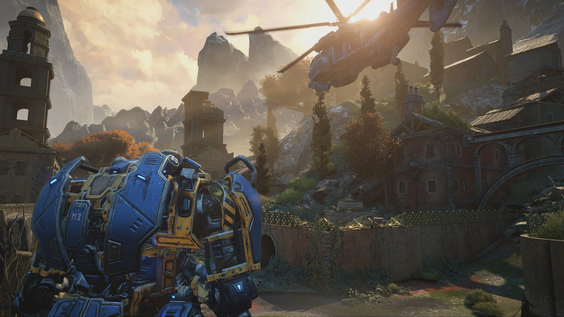 A large blue DeeBee robot walks through a village as a helicopter flies overhead