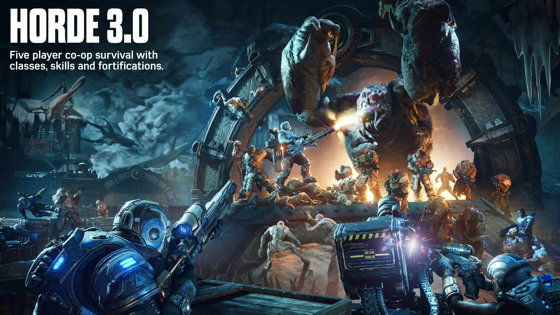 A team of soldiers defends a barricade against waves of enemies under the words Horde 3.0