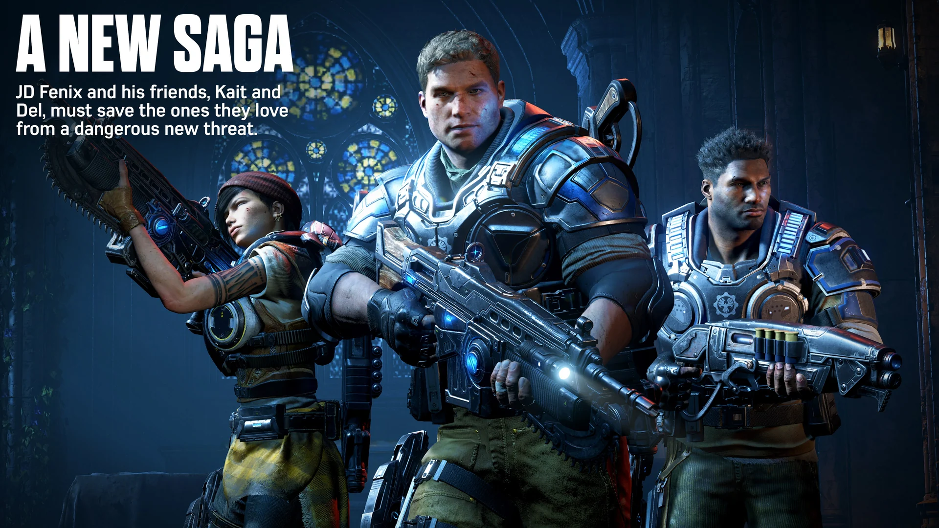 JD Fenix, Kait Diaz and Del Walker stand together holding weapons under the words A New Saga