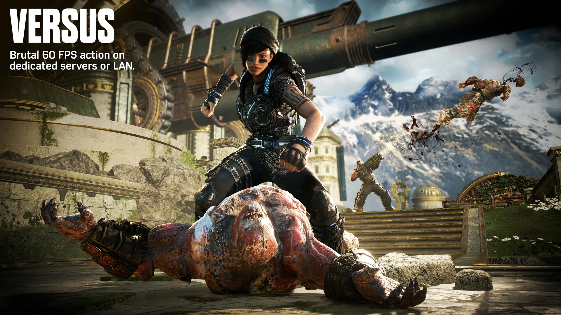 A player stands over a defeated enemy on a mountain map under the word Versus