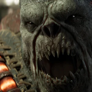 Close-up of a snarling Locust Boomer with rows of sharp teeth and glowing ammunition rounds beside its face