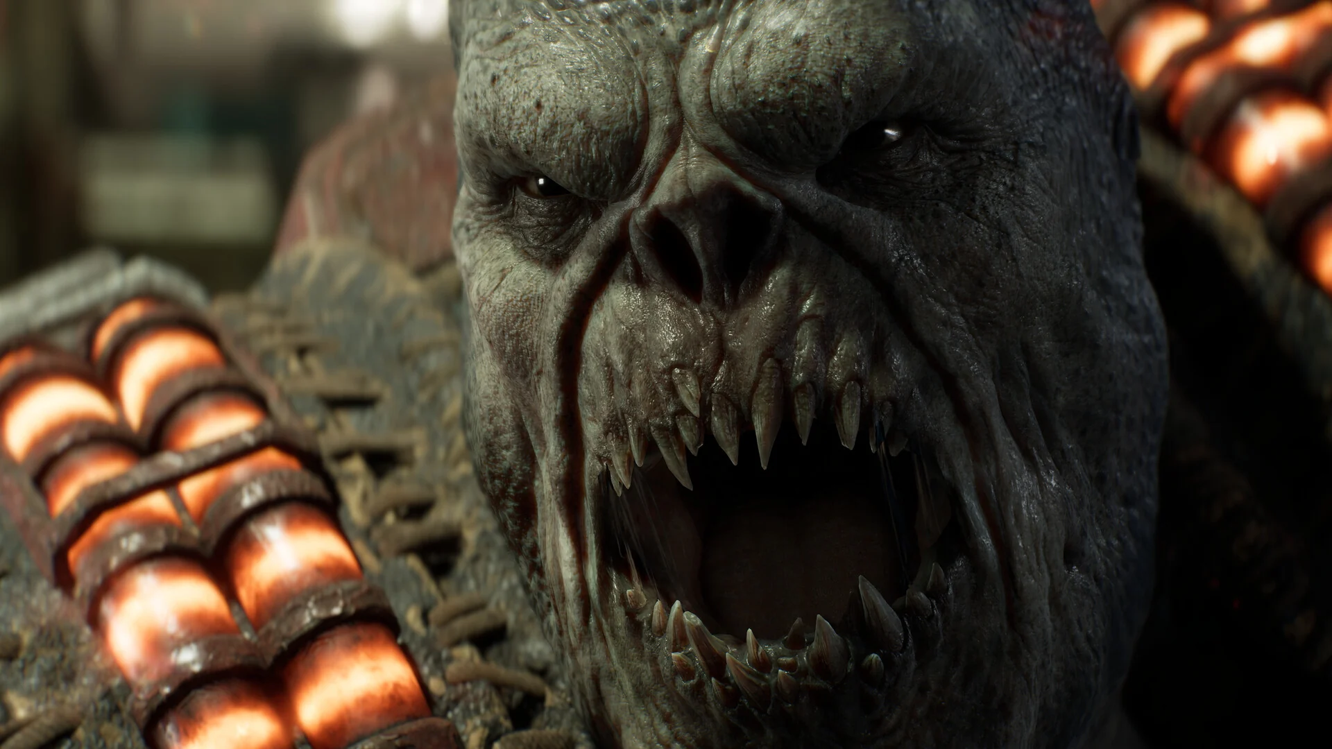 Close-up of a snarling Locust Boomer with rows of sharp teeth and glowing ammunition rounds beside its face