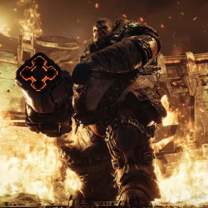 A hulking Locust Boomer carrying a heavy launcher walks out of a wall of fire