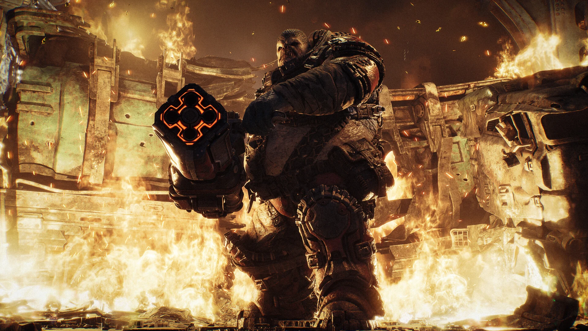 A hulking Locust Boomer carrying a heavy launcher walks out of a wall of fire