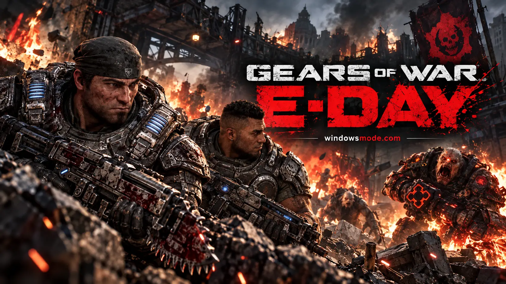 Marcus Fenix and Dom Santiago charge forward with Lancer rifles through a burning city as Locust attackers close in, under the Gears of War E-Day logo
