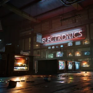 An abandoned electronics store with a neon sign and rows of TVs, one screen showing a civil emergency message