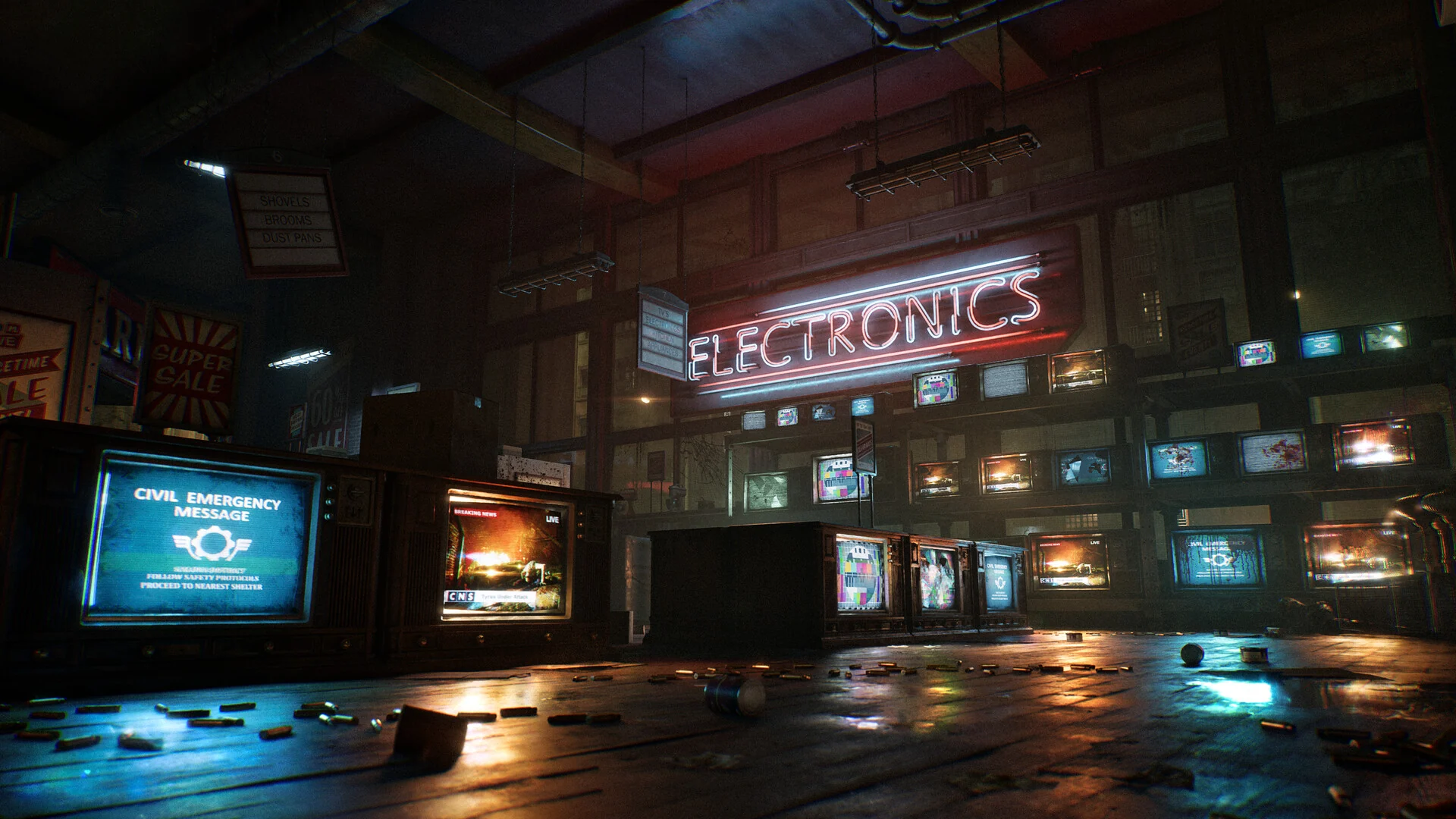 An abandoned electronics store with a neon sign and rows of TVs, one screen showing a civil emergency message