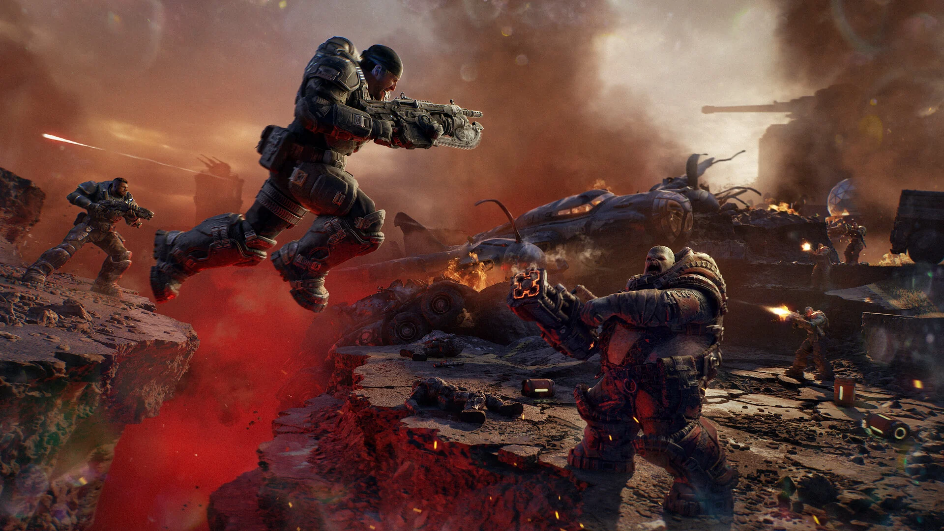 A COG soldier leaps across a gap firing a Lancer while a Locust Boomer aims its launcher on a red-lit battlefield
