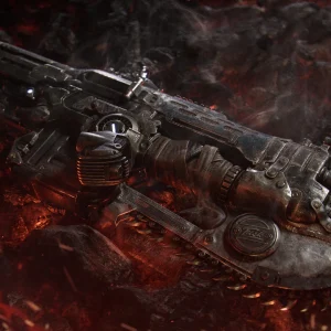 A chainsaw Lancer rifle lies in glowing red rubble