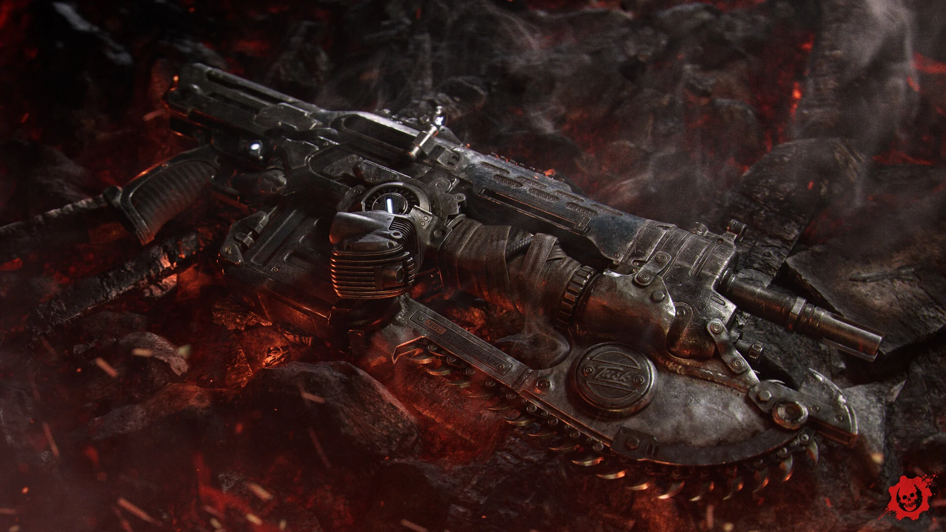 A chainsaw Lancer rifle lies in glowing red rubble
