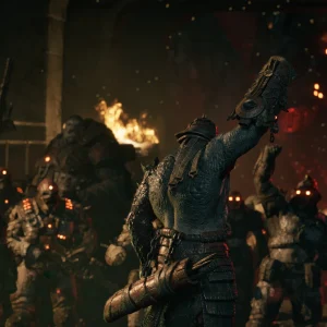 A Locust leader raises a weapon over a crowd of Locust warriors with glowing eyes among burning ruins
