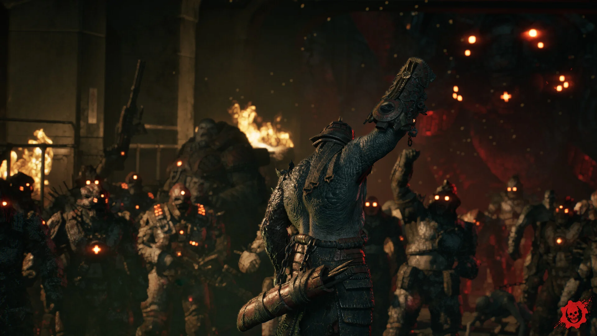 A Locust leader raises a weapon over a crowd of Locust warriors with glowing eyes among burning ruins