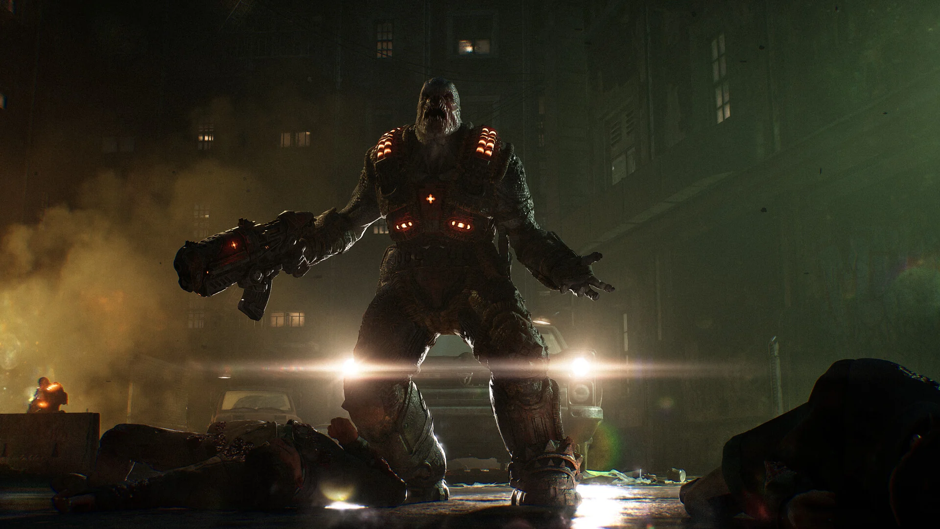 A large armored Locust holding a rifle stands in a dark city street lit by car headlights