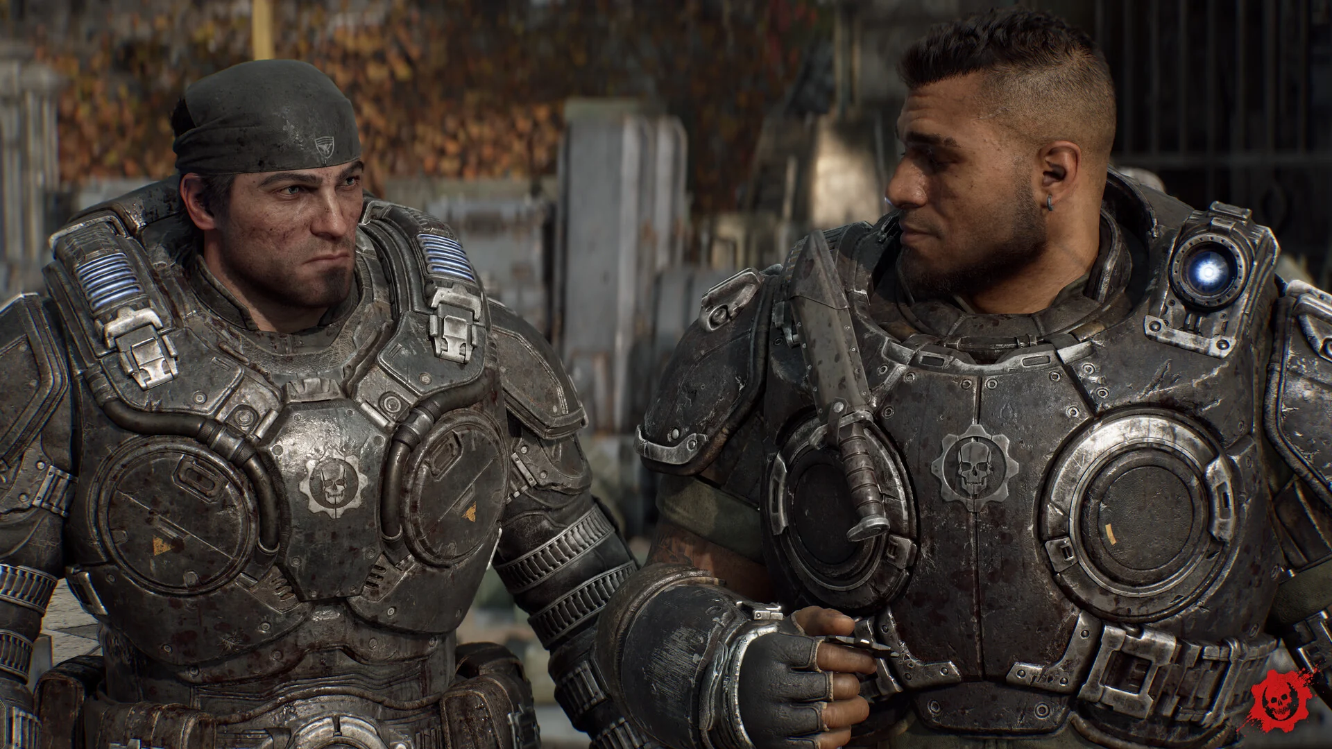 A young Marcus Fenix in a dark bandana and Dom Santiago in COG armor look at each other during a story scene