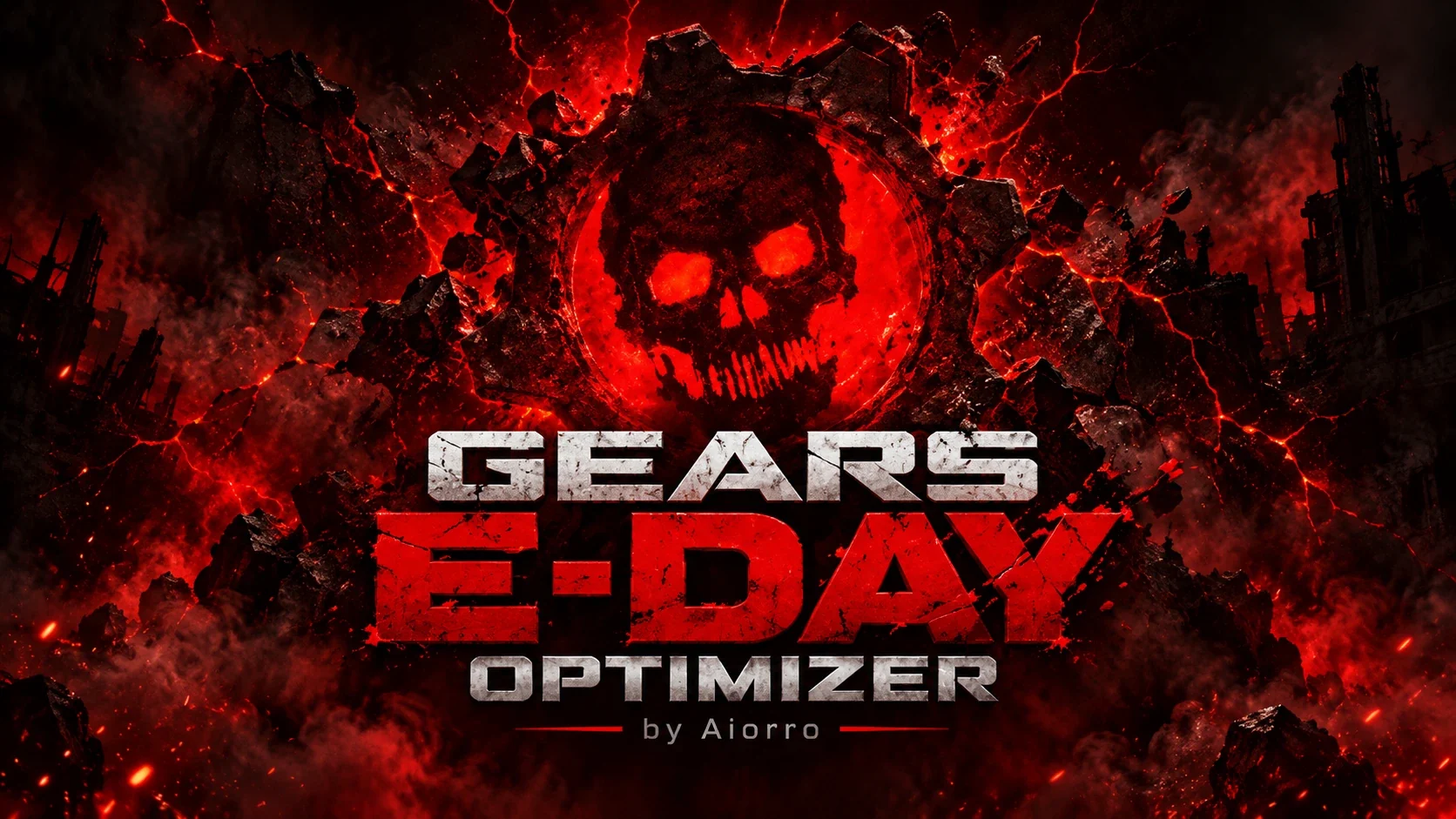 The Gears E-Day Optimizer mod banner, a red skull emblem above the words Gears E-Day Optimizer over burning rubble