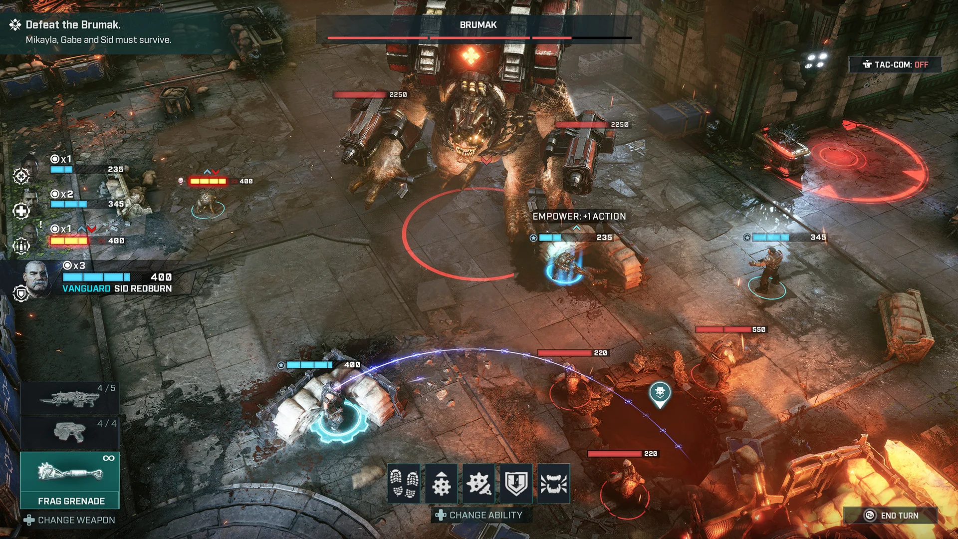A tactical view of a battle against a huge Brumak, with a grenade arc and the Empower Action ability