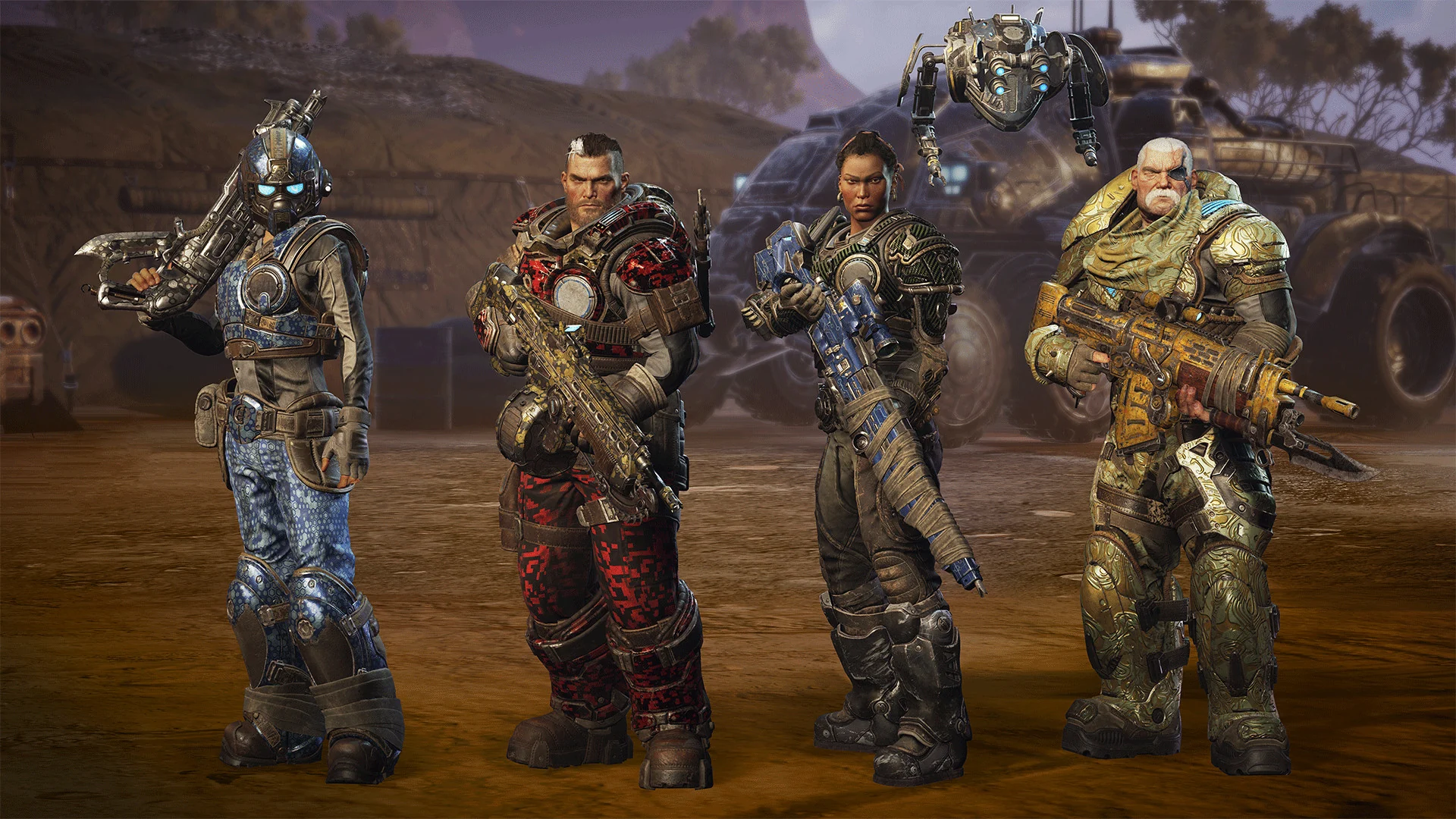 Four soldiers in different custom armor colors stand in a row in front of a vehicle