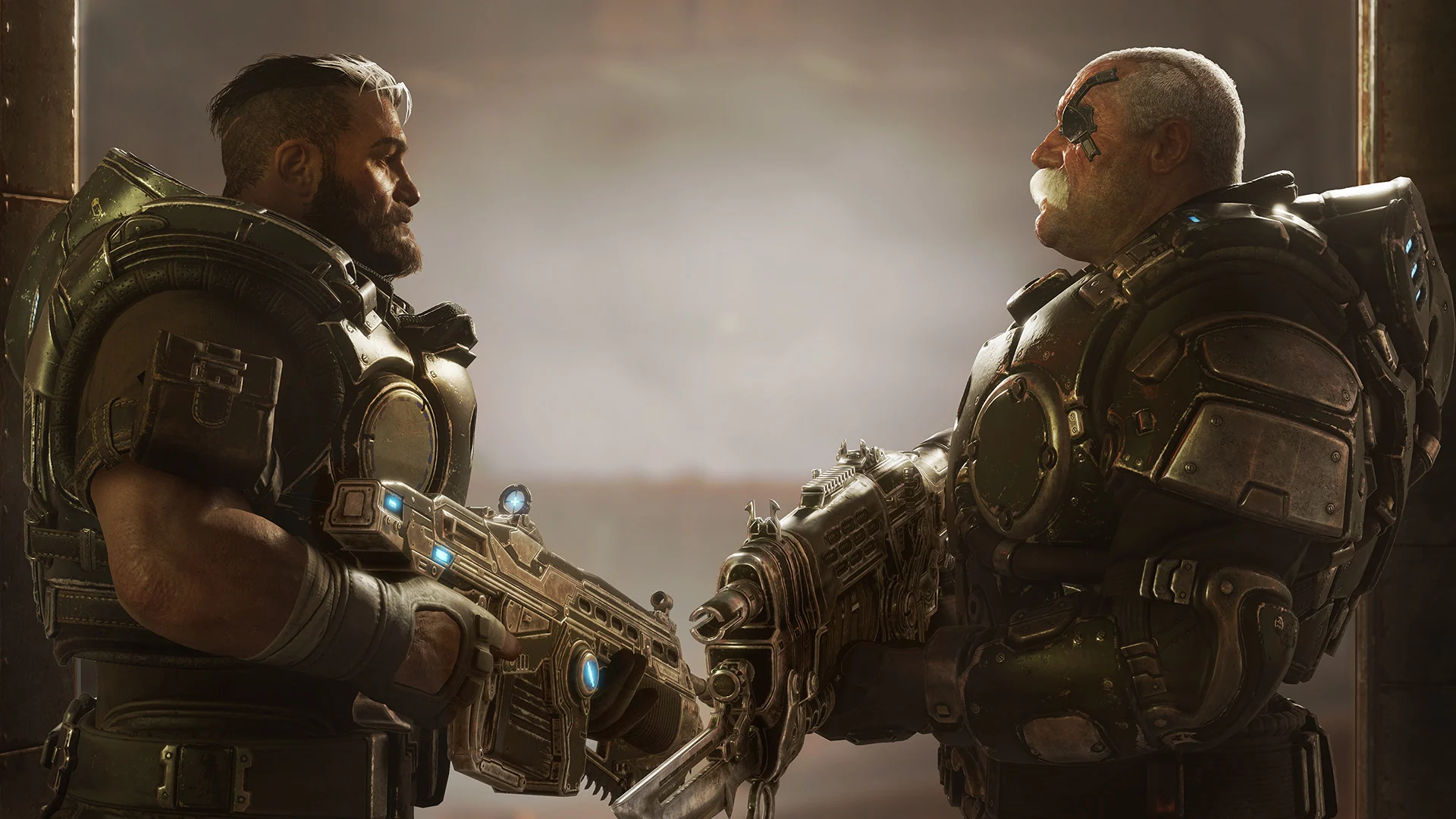 Gabe Diaz and the old soldier Sid Redburn face each other holding Lancer rifles