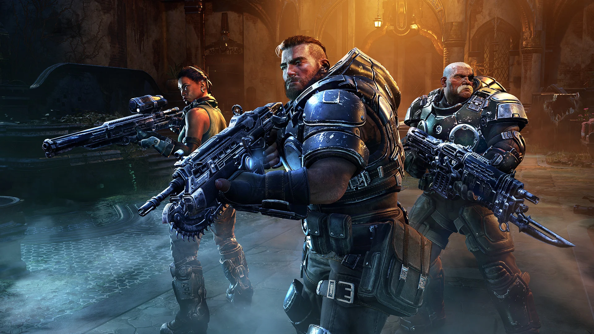 Gabe Diaz holds a Lancer with Sid Redburn and another soldier beside him
