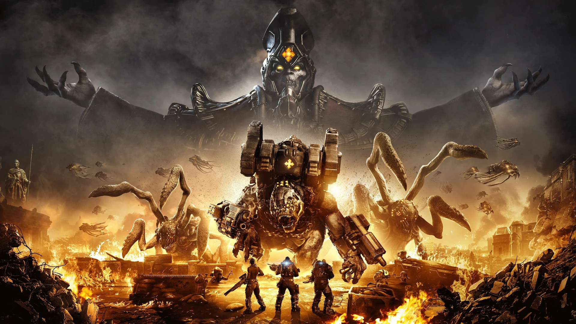 A squad of soldiers faces the giant Locust leader Ukkon and his monsters in a burning landscape