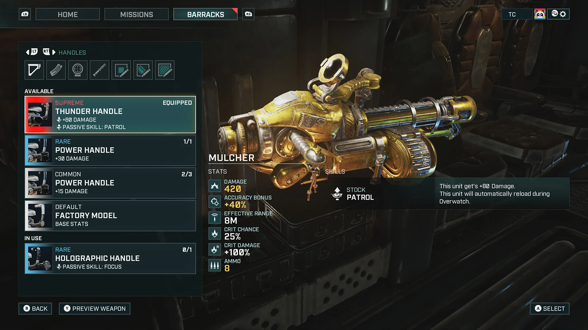 The barracks screen where a gold Mulcher weapon gets a new handle attachment with stat changes listed