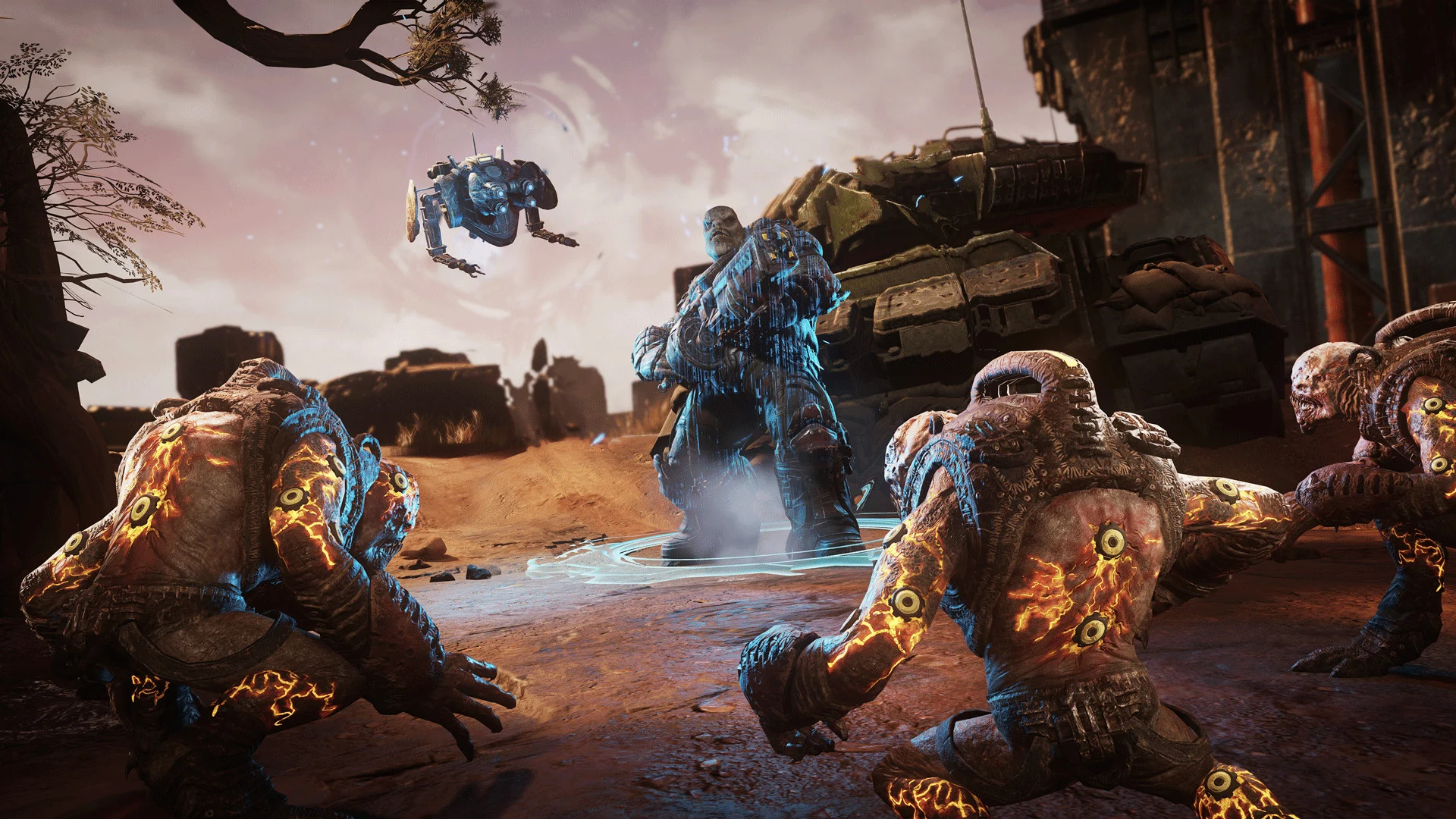 Locust Drones with glowing orange skin advance across a desert as a COG soldier and drone fight back