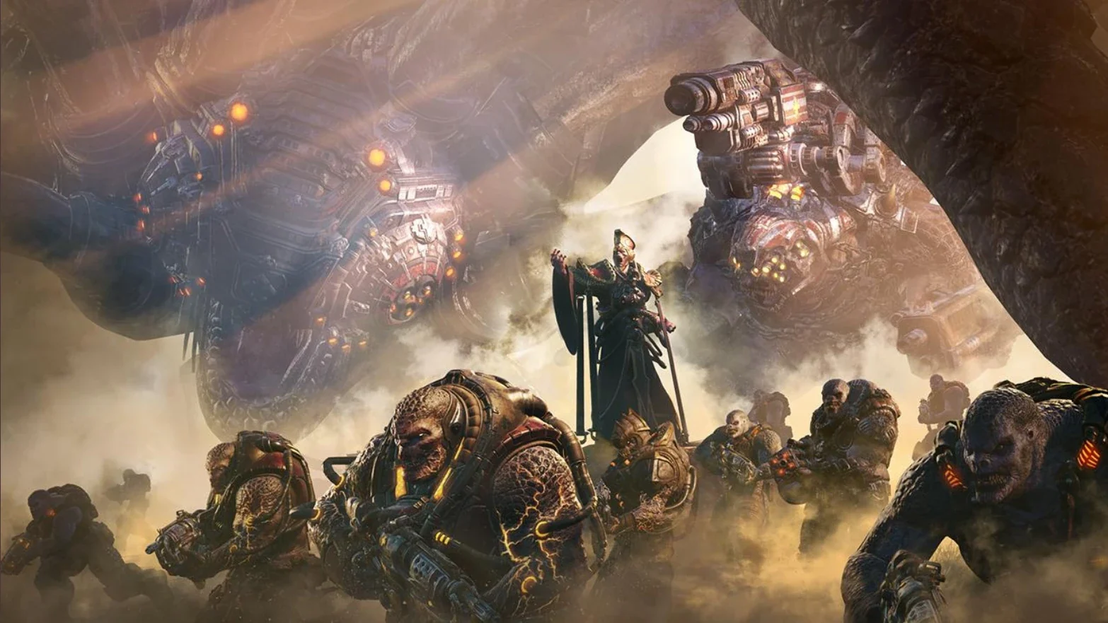The Ukkon's Wrath mod banner, Ukkon standing among his giant creatures in a misty cave
