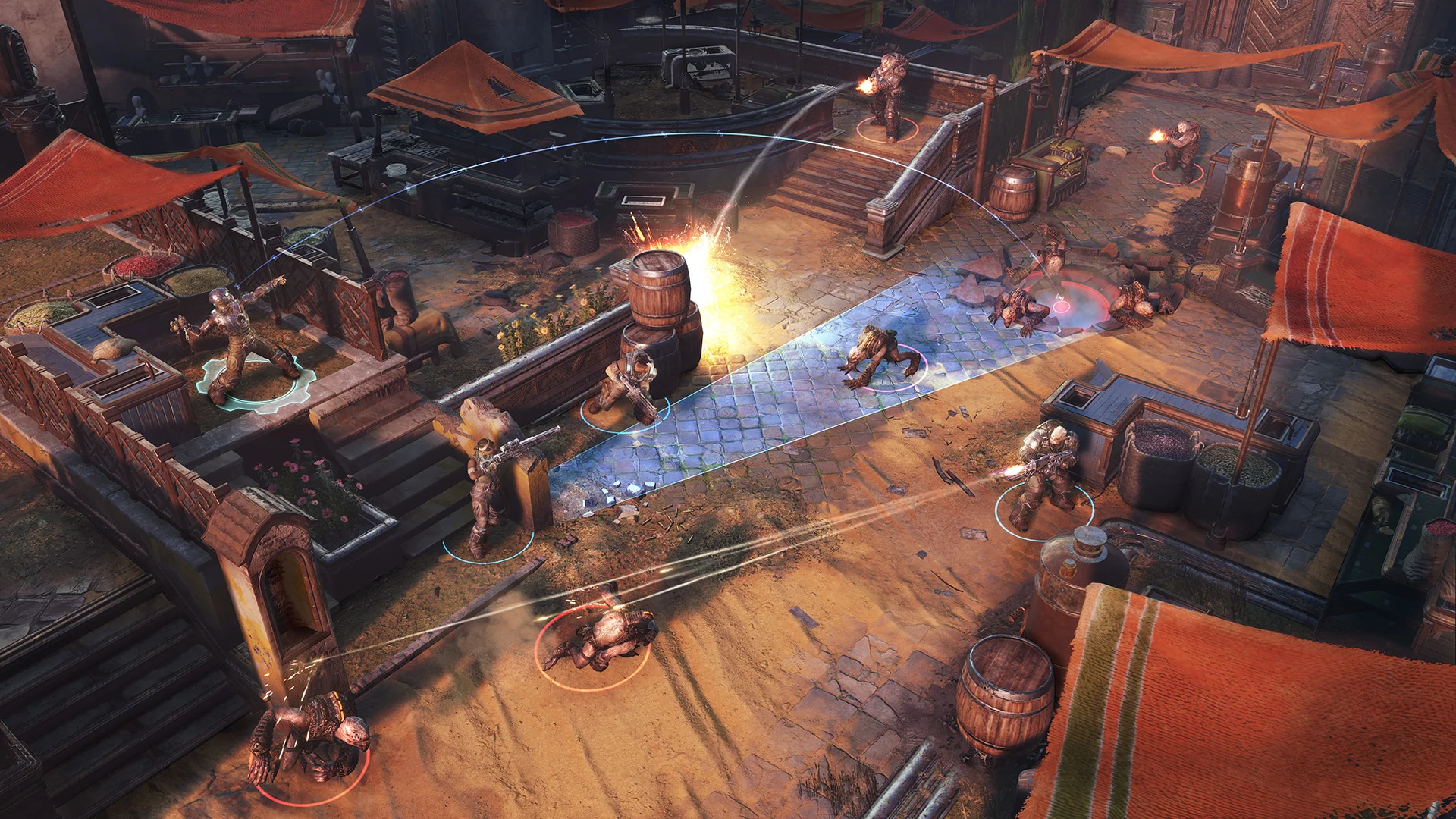 A top-down view of a battle in a desert town, with soldiers firing from cover and a blue movement path on the ground