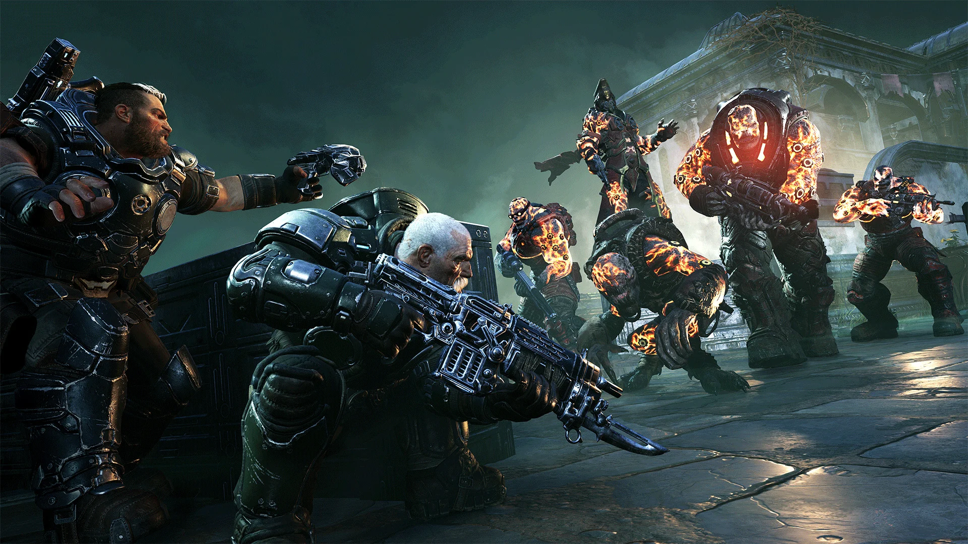 A squad of COG soldiers fires at a group of Locust, including a Boomer and a glowing Ticker